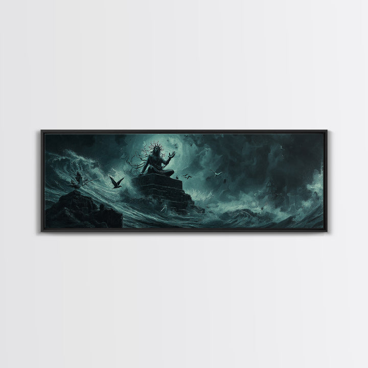 The Keeper Of The Black Reef Key, Extra Wide Wall Art, Lovecraftian Horror Art, Canvas Print, Halloween Wall Decor, Gothic Home Decor