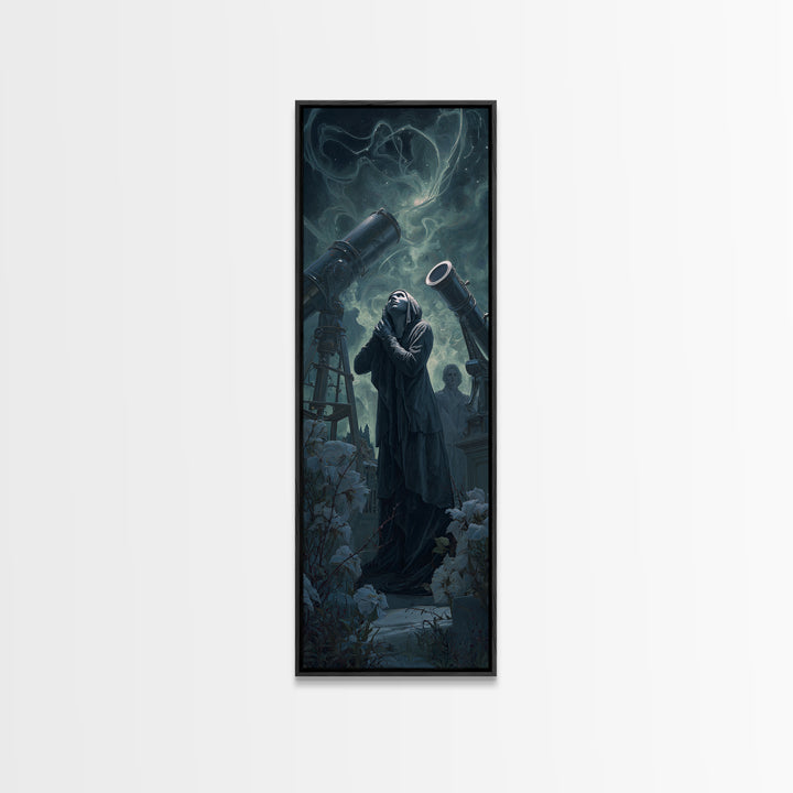 The Widow Of The Whispering Comet, Tall Narrow Wall Art, Macabre Wall Art, Framed Canvas Print, Halloween Wall Decor, Gothic Home Decor