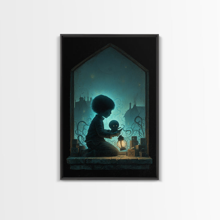 The Child Who Caught A Moon-Spawn, Vertical Wall Art, Eldritch Gothic Decor, Framed Canvas Print, Halloween Wall Decor, Gothic Home Decor