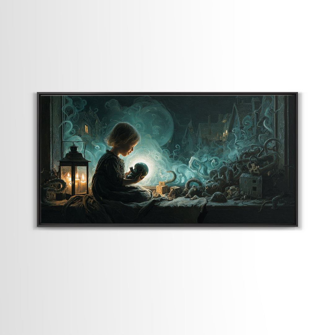 The Child Who Caught A Moon-Spawn, Wide Panoramic Art, Lovecraftian Horror Art, Framed Canvas Print, Halloween Wall Decor, Gothic Home Decor
