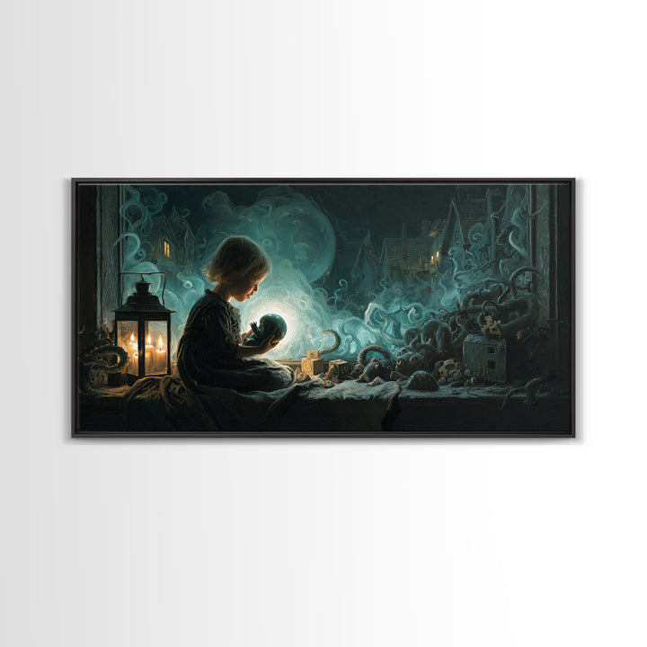 The Child Who Caught A Moon-Spawn, Wide Panoramic Art, Lovecraftian Horror Art, Framed Canvas Print, Halloween Wall Decor, Gothic Home Decor