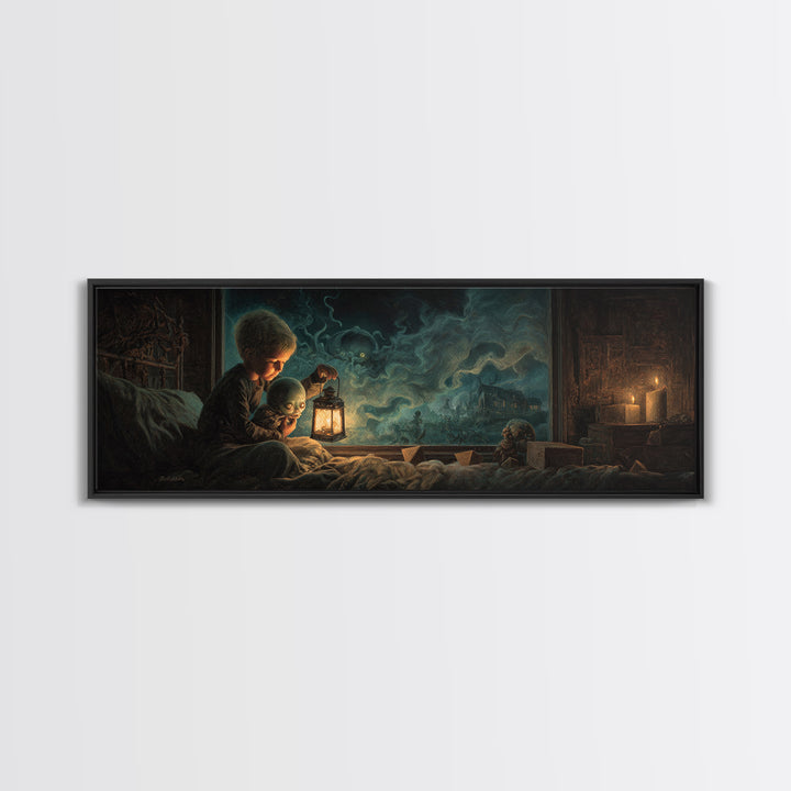 The Child Who Caught A Moon-Spawn, Extra Wide Wall Art, Eldritch Gothic Decor, Framed Canvas Print, Halloween Wall Decor, Gothic Home Decor