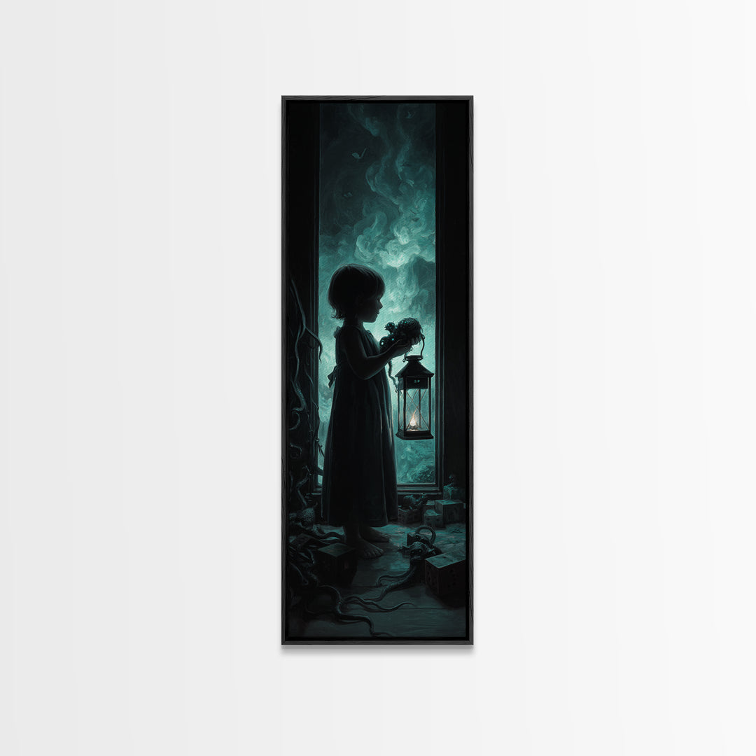 The Child Who Caught A Moon-Spawn, Tall Narrow Wall Art, Dark Halloween Decor, Framed Canvas Print, Halloween Wall Decor, Gothic Home Decor