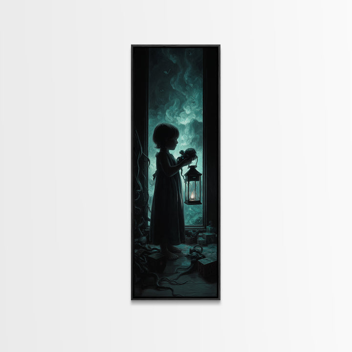 The Child Who Caught A Moon-Spawn, Tall Narrow Wall Art, Dark Halloween Decor, Framed Canvas Print, Halloween Wall Decor, Gothic Home Decor