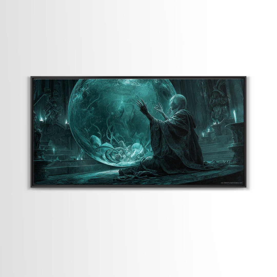 The Oracle Of The Glass Depths, Wide Panoramic Art, Haunted Gothic Art, Framed Canvas Print, Halloween Wall Decor, Gothic Home Decor