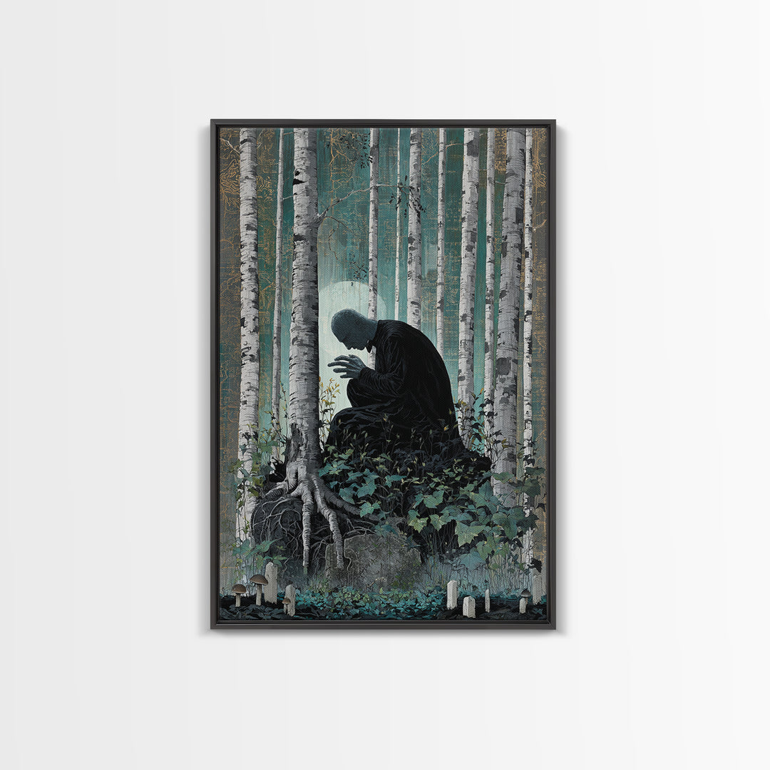 The Sleeper In The Birch Grove, Vertical Wall Art, Dark Fantasy Wall Art, Framed Canvas Print, Halloween Wall Decor, Gothic Home Decor