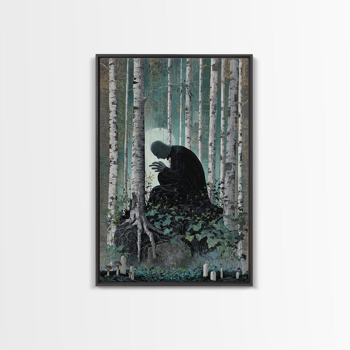 The Sleeper In The Birch Grove, Vertical Wall Art, Dark Fantasy Wall Art, Framed Canvas Print, Halloween Wall Decor, Gothic Home Decor