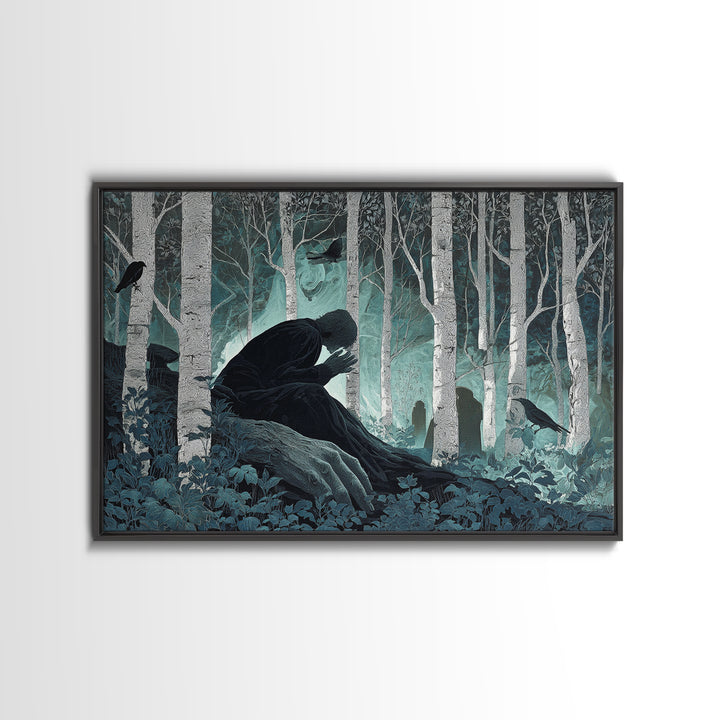 The Sleeper In The Birch Grove, Landscape Wall Art, Dark Halloween Decor, Canvas Print, Halloween Wall Decor, Gothic Home Decor