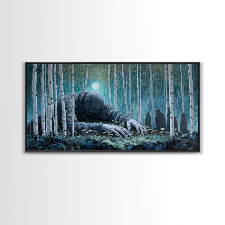 The Sleeper In The Birch Grove, Wide Panoramic Art, Lovecraftian Horror Art, Framed Canvas Print, Halloween Wall Decor, Gothic Home Decor