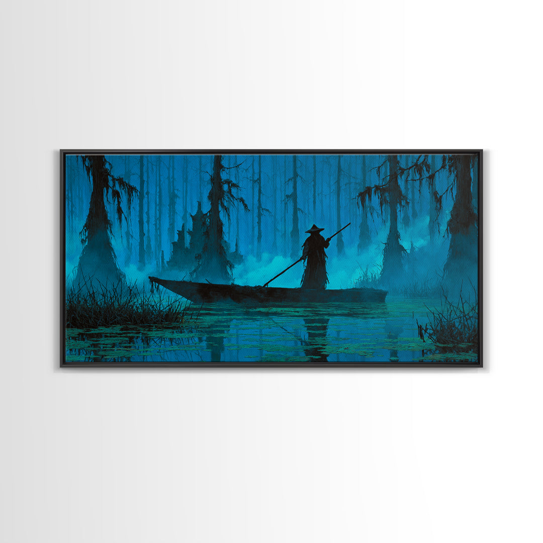 The Ferryman Of The Outer Marsh, Wide Panoramic Art, Lovecraftian Horror Art, Framed Canvas Print, Halloween Wall Decor, Gothic Home Decor