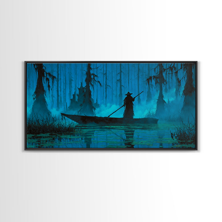 The Ferryman Of The Outer Marsh, Wide Panoramic Art, Lovecraftian Horror Art, Framed Canvas Print, Halloween Wall Decor, Gothic Home Decor