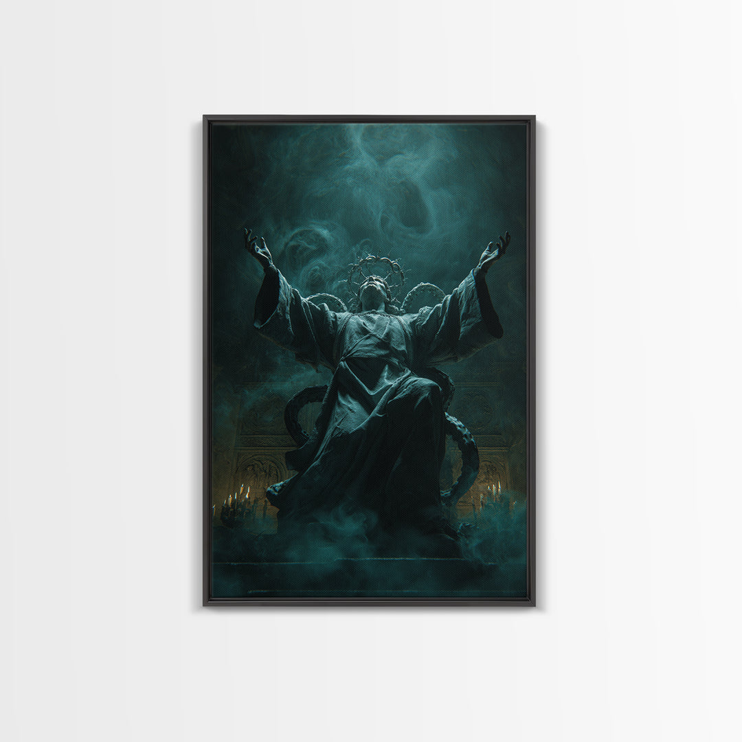 The Crown Of The Tentacled Saint, Vertical Wall Art, Haunted Gothic Art, Framed Canvas Print, Halloween Wall Decor, Gothic Home Decor