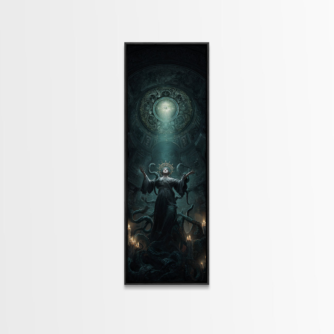 The Crown Of The Tentacled Saint, Tall Narrow Wall Art, Cosmic Horror Wall Art, Framed Canvas Print, Halloween Wall Decor, Gothic Home Decor