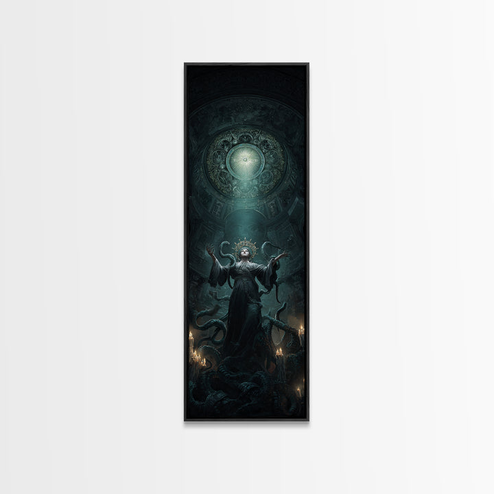 The Crown Of The Tentacled Saint, Tall Narrow Wall Art, Cosmic Horror Wall Art, Framed Canvas Print, Halloween Wall Decor, Gothic Home Decor