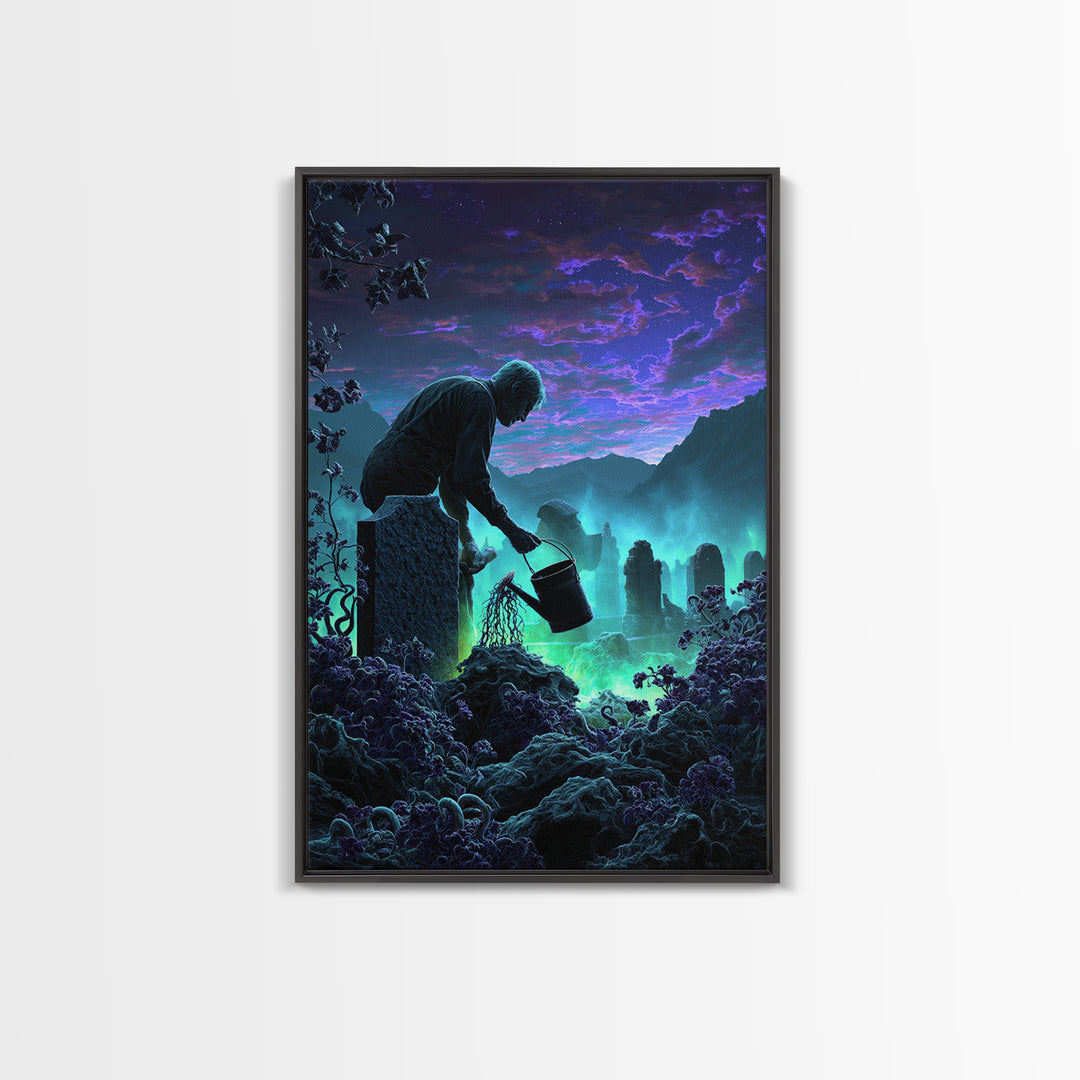 The Grave Gardener Of Yuggoth, Vertical Wall Art, Dark Fantasy Wall Art, Framed Canvas Print, Halloween Wall Decor, Gothic Home Decor