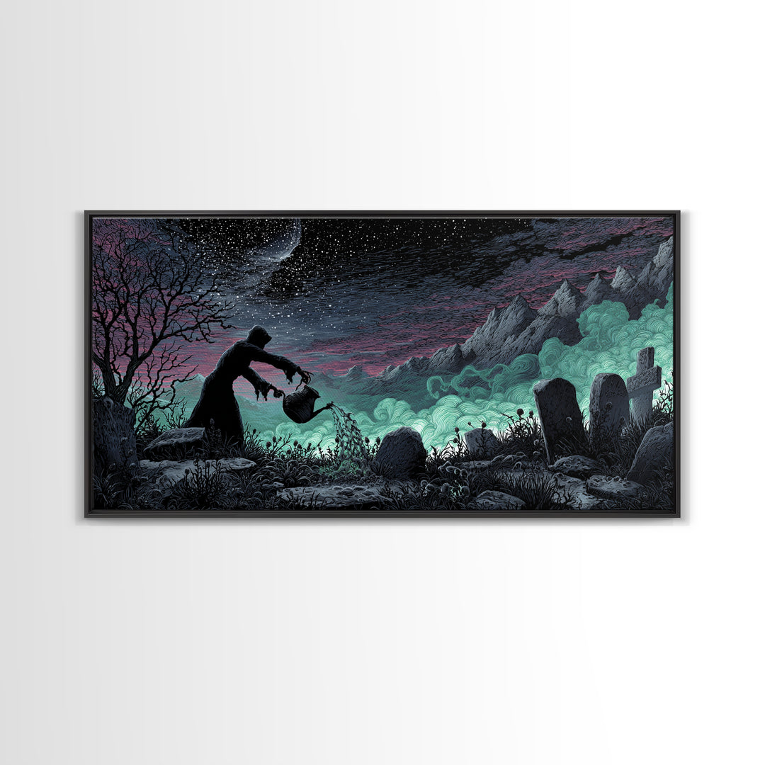 The Grave Gardener Of Yuggoth, Wide Panoramic Art, Spooky Home Decor, Canvas Print, Halloween Wall Decor, Gothic Home Decor, Halloween Decor