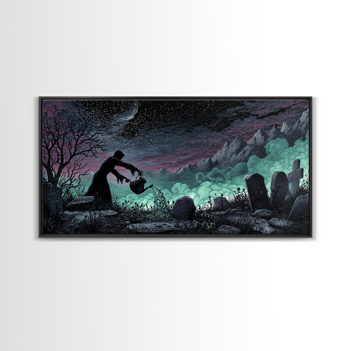 The Grave Gardener Of Yuggoth, Wide Panoramic Art, Spooky Home Decor, Canvas Print, Halloween Wall Decor, Gothic Home Decor, Halloween Decor