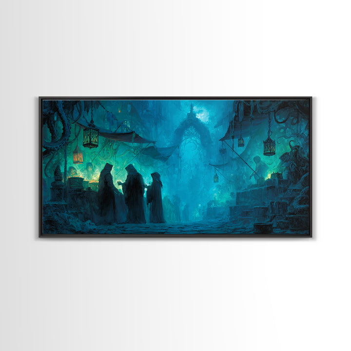 The Lantern Market Beyond The Veil, Wide Panoramic Art, Eldritch Gothic Decor, Framed Canvas Print, Halloween Wall Decor, Gothic Home Decor