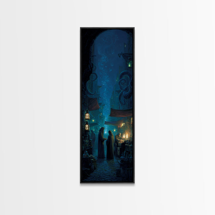 The Lantern Market Beyond The Veil, Tall Narrow Wall Art, Eldritch Gothic Decor, Canvas Print, Halloween Wall Decor, Gothic Home Decor
