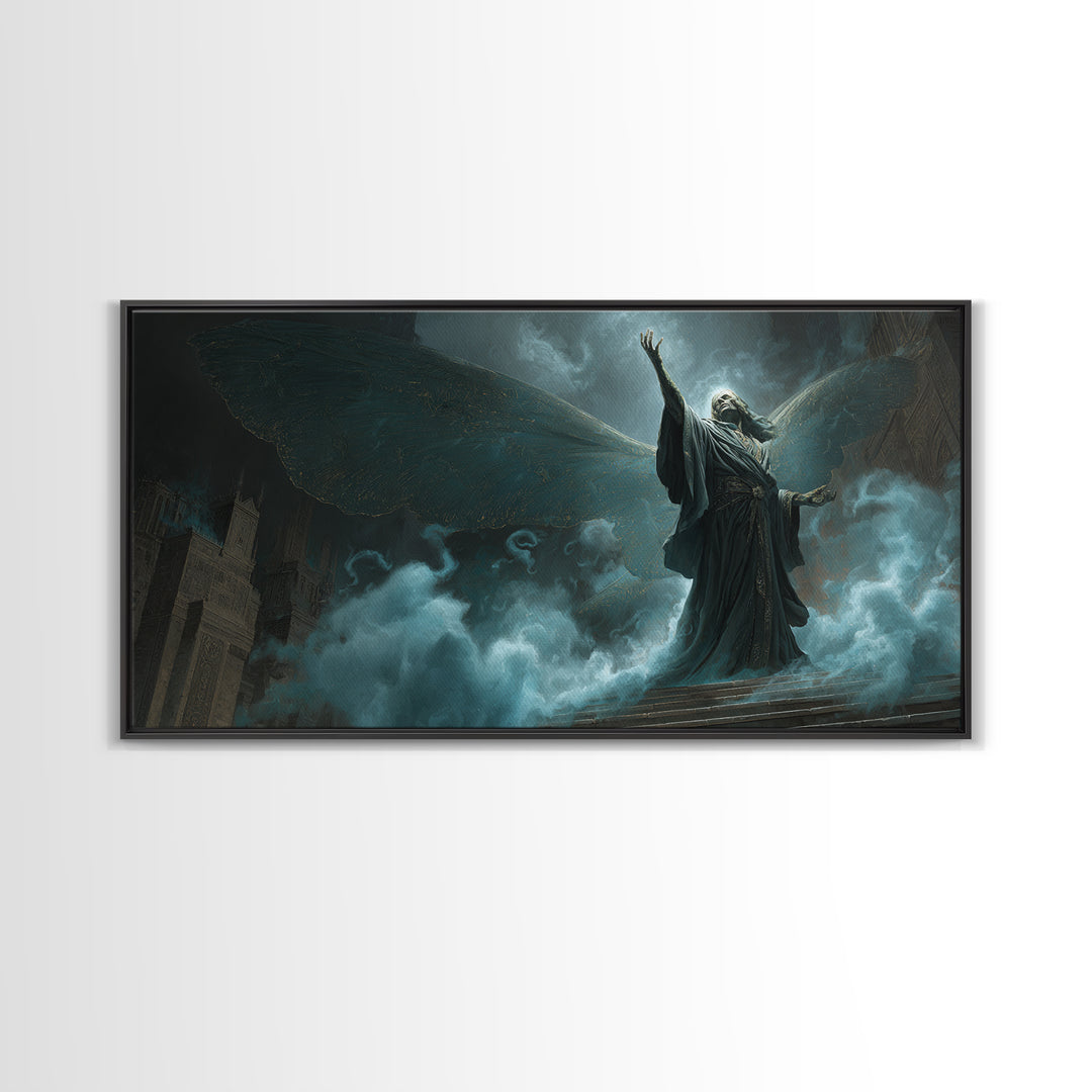The Moth Prophet Of Kadath, Wide Panoramic Art, Eldritch Gothic Decor, Framed Canvas Print, Halloween Wall Decor, Gothic Home Decor