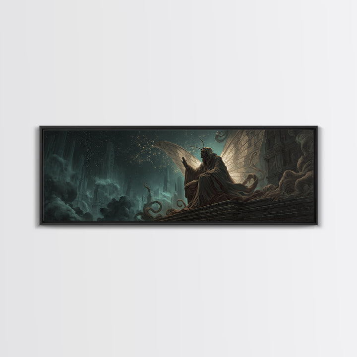 The Moth Prophet Of Kadath, Extra Wide Wall Art, Lovecraftian Horror Art, Canvas Print, Halloween Wall Decor, Gothic Home Decor