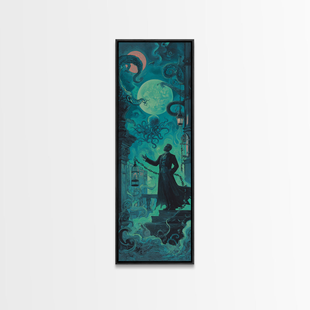 The Moonlit Shoggoth Menagerie, Tall Narrow Wall Art, Spooky Home Decor, Framed Canvas Print, Halloween Wall Decor, Gothic Home Decor