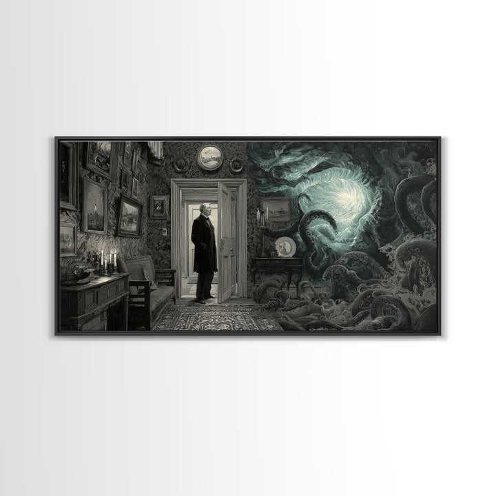 The Thirteenth Door Of Arkham House, Wide Panoramic Art, Gothic Horror Wall Art, Canvas Print, Halloween Wall Decor, Gothic Home Decor