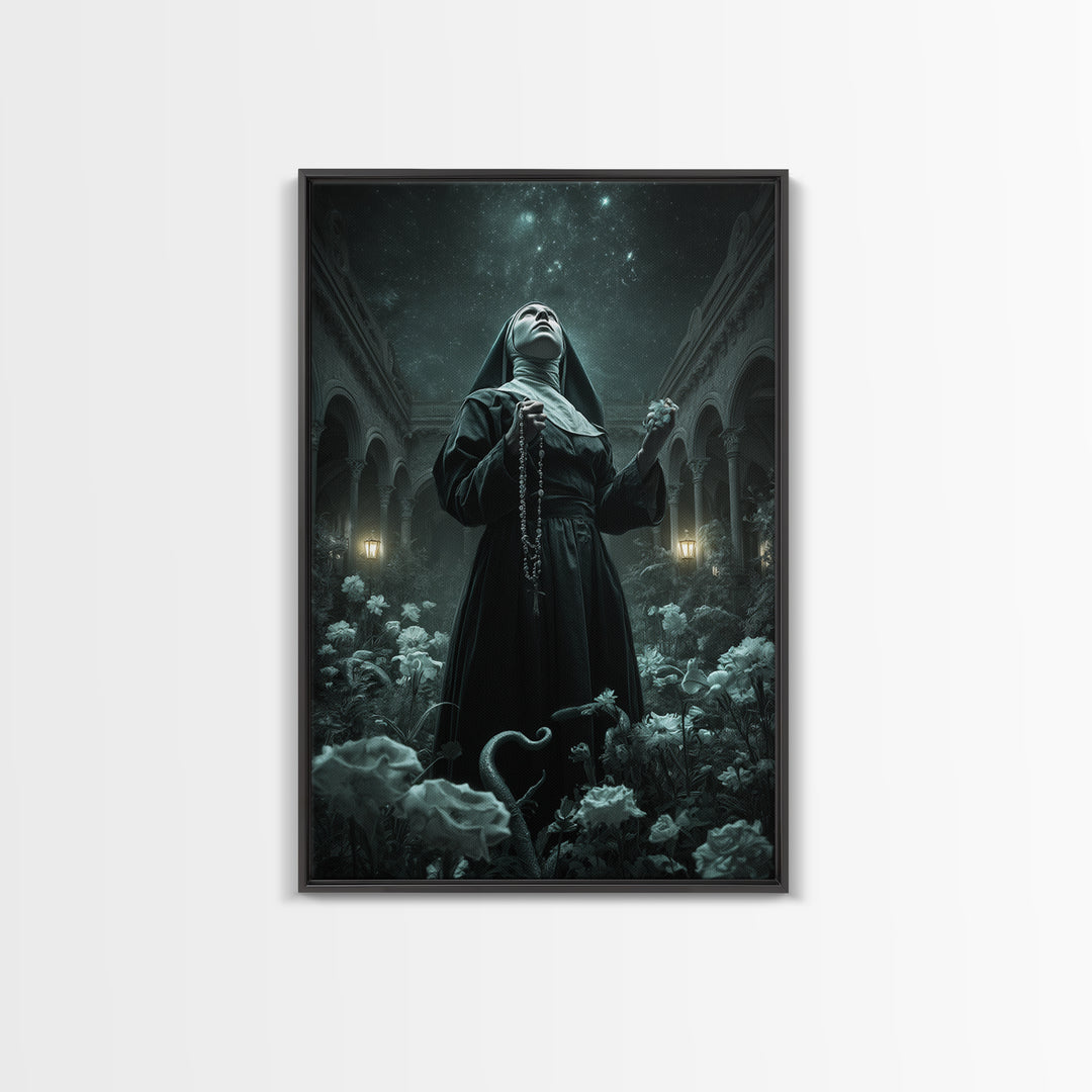 The Nun Of The Endless Constellation, Vertical Wall Art, Spooky Home Decor, Framed Canvas Print, Halloween Wall Decor, Gothic Home Decor