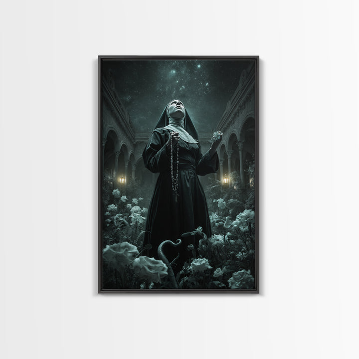 The Nun Of The Endless Constellation, Vertical Wall Art, Spooky Home Decor, Framed Canvas Print, Halloween Wall Decor, Gothic Home Decor
