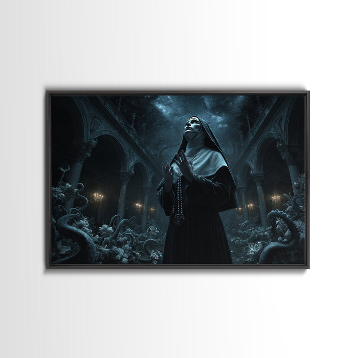 The Nun Of The Endless Constellation, Landscape Wall Art, Dark Halloween Decor, Framed Canvas Print, Halloween Wall Decor, Gothic Home Decor