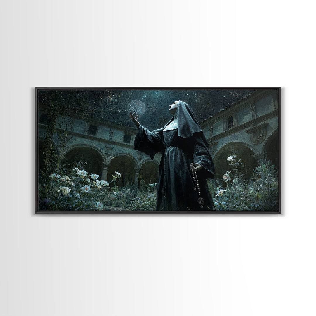 The Nun Of The Endless Constellation, Wide Panoramic Art, Dark Halloween Decor, Canvas Print, Halloween Wall Decor, Gothic Home Decor