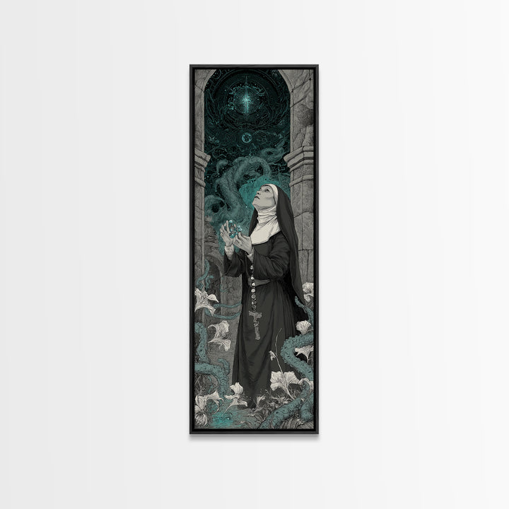 The Nun Of The Endless Constellation, Tall Narrow Wall Art, Haunted Gothic Art, Framed Canvas Print, Halloween Wall Decor, Gothic Home Decor