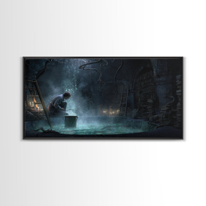 The Dreamwell Beneath Miskatonic, Wide Panoramic Art, Eldritch Gothic Decor, Framed Canvas Print, Halloween Wall Decor, Gothic Home Decor