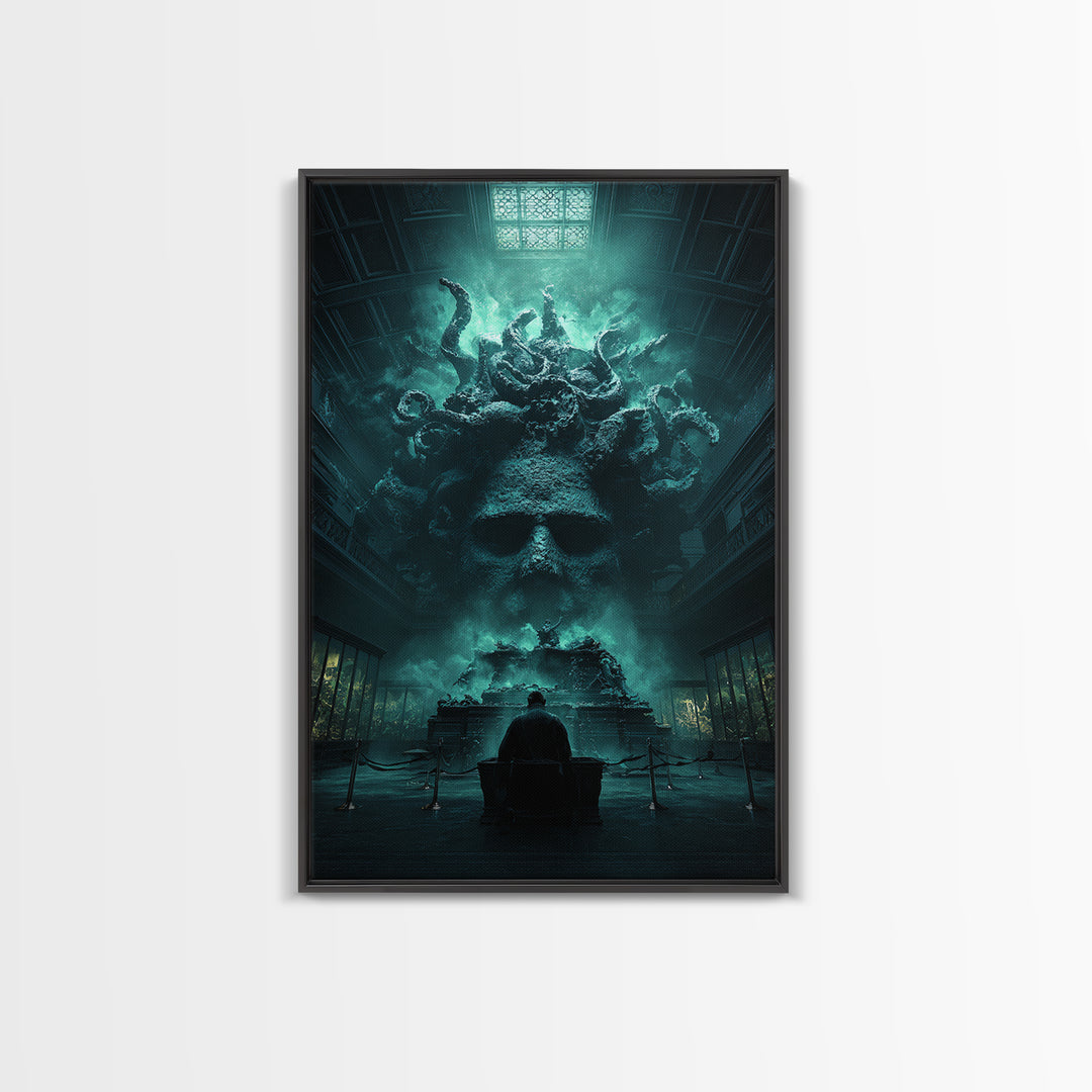 The Custodian Of The Whispering Idol, Vertical Wall Art, Lovecraftian Horror Art, Framed Canvas Print, Halloween Wall Decor