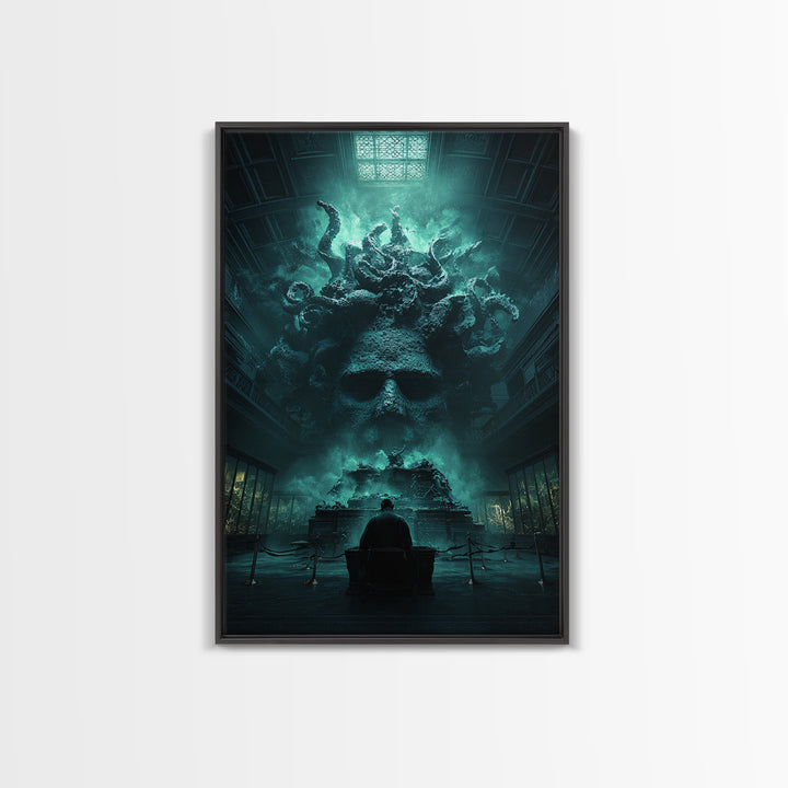 The Custodian Of The Whispering Idol, Vertical Wall Art, Lovecraftian Horror Art, Framed Canvas Print, Halloween Wall Decor