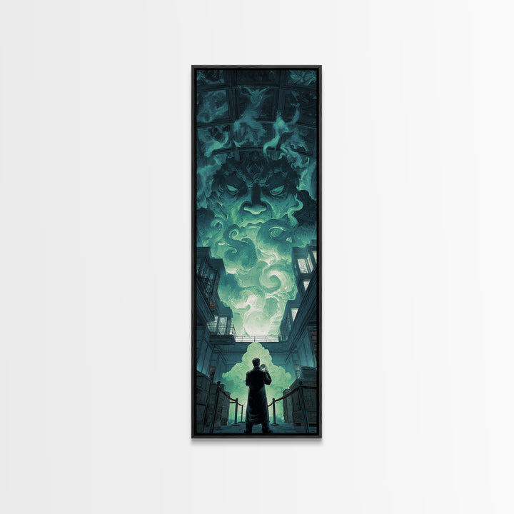 The Custodian Of The Whispering Idol, Tall Narrow Wall Art, Dark Halloween Decor, Framed Canvas Print, Halloween Wall Decor