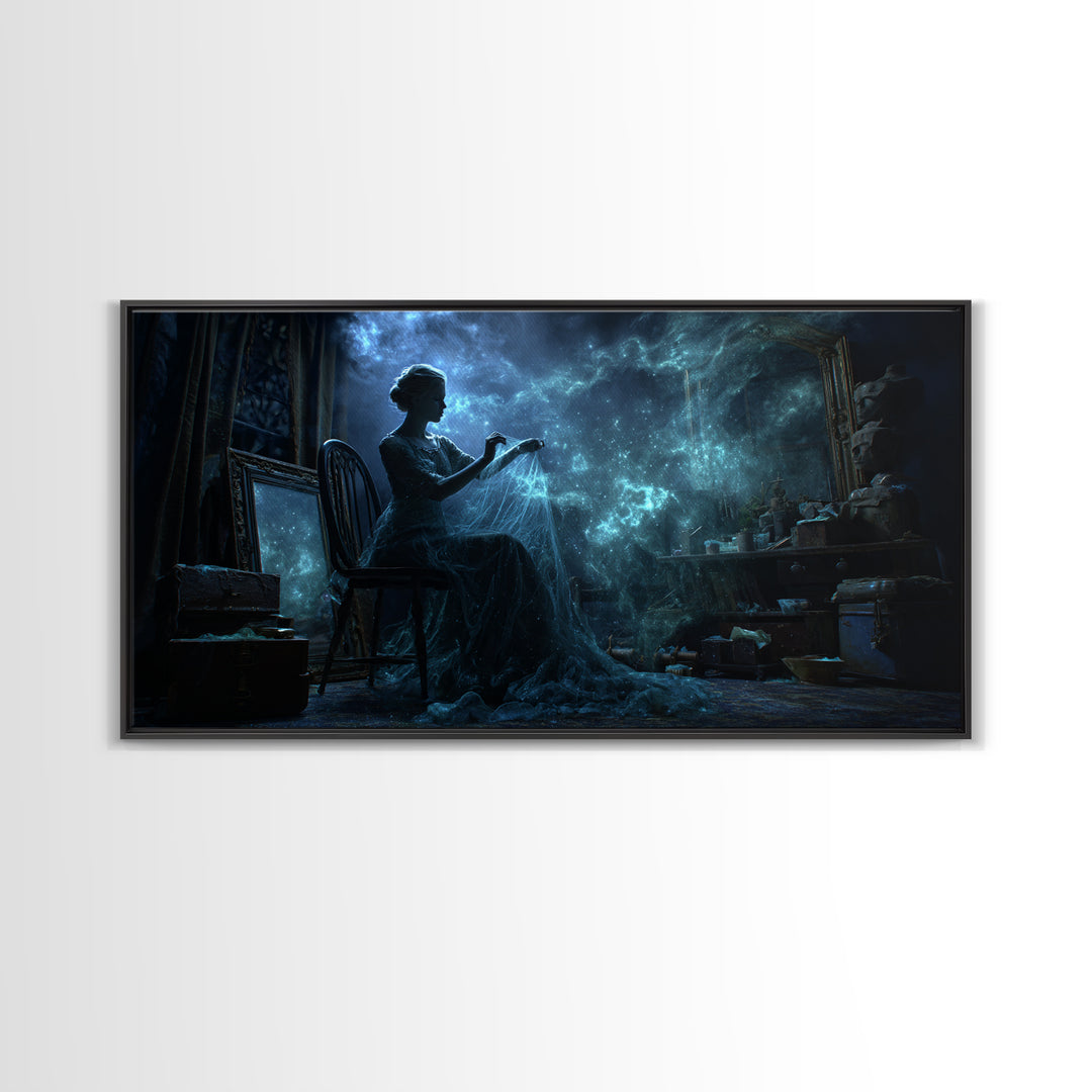 The Seamstress Of Living Nebulae, Wide Panoramic Art, Haunted Gothic Art, Canvas Print, Halloween Wall Decor, Gothic Home Decor