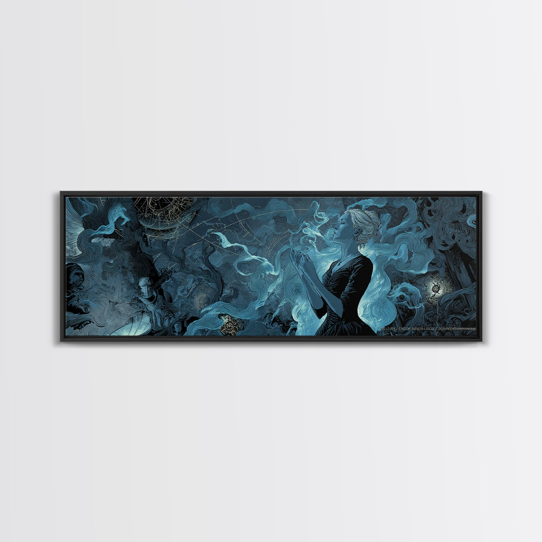 The Seamstress Of Living Nebulae, Extra Wide Wall Art, Lovecraftian Horror Art, Framed Canvas Print, Halloween Wall Decor, Gothic Home Decor