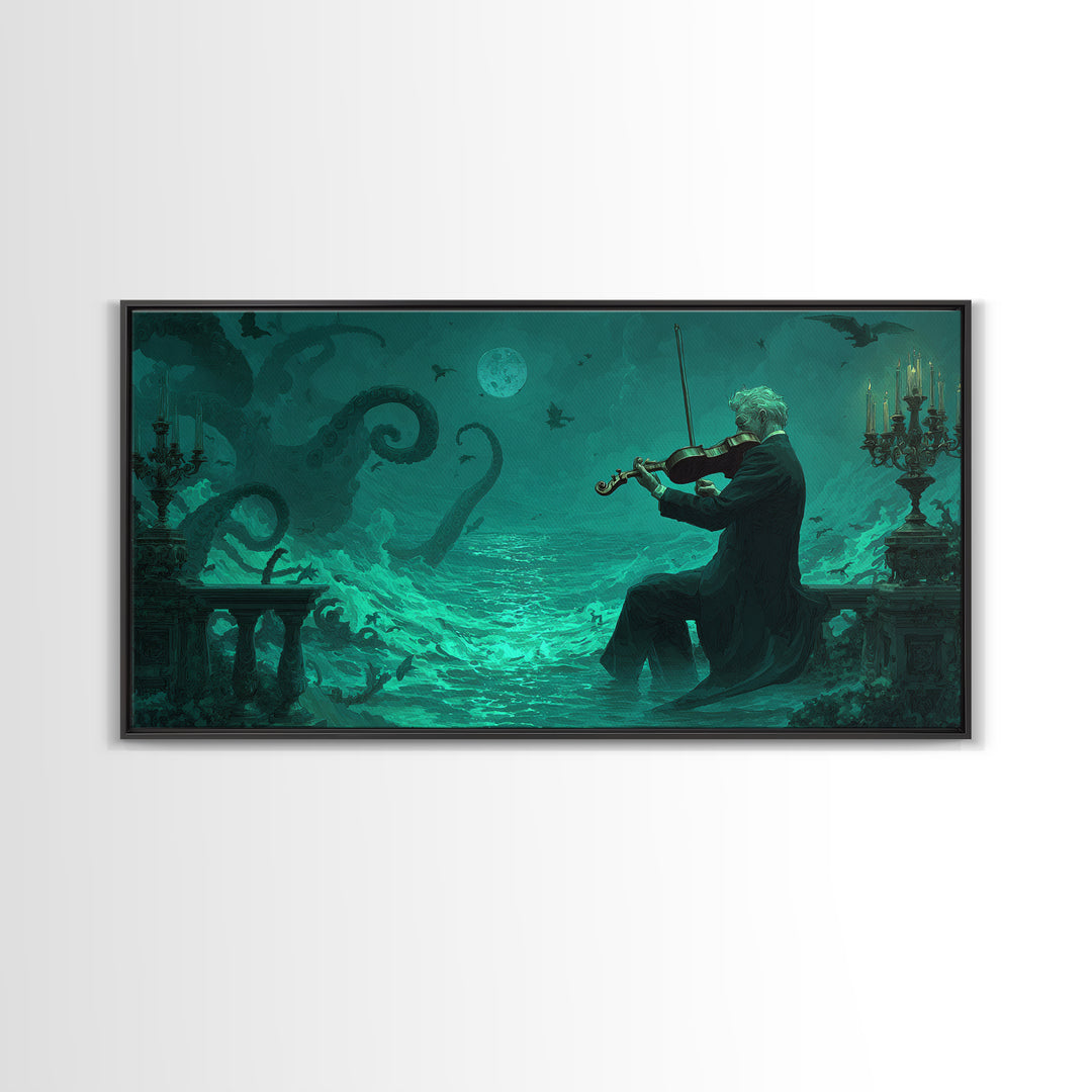 The Violinist Of The Drowned Moon, Wide Panoramic Art, Spooky Home Decor, Framed Canvas Print, Halloween Wall Decor, Gothic Home Decor