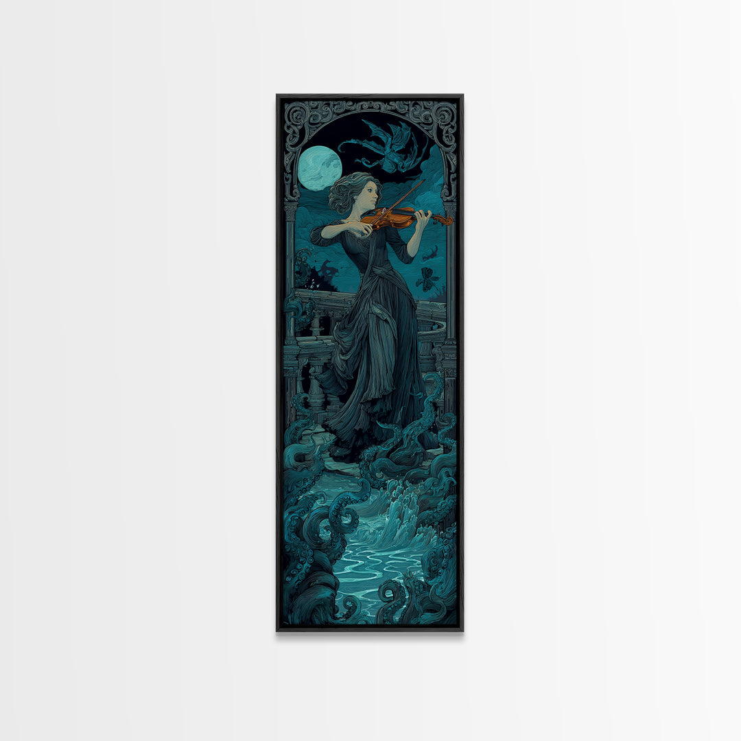 The Violinist Of The Drowned Moon, Tall Narrow Wall Art, Spooky Home Decor, Canvas Print, Halloween Wall Decor, Gothic Home Decor