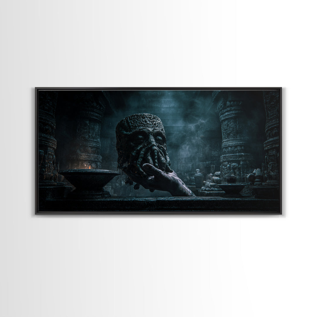 The Mask Of The Crawling God, Wide Panoramic Art, Lovecraftian Horror Art, Canvas Print, Halloween Wall Decor, Gothic Home Decor