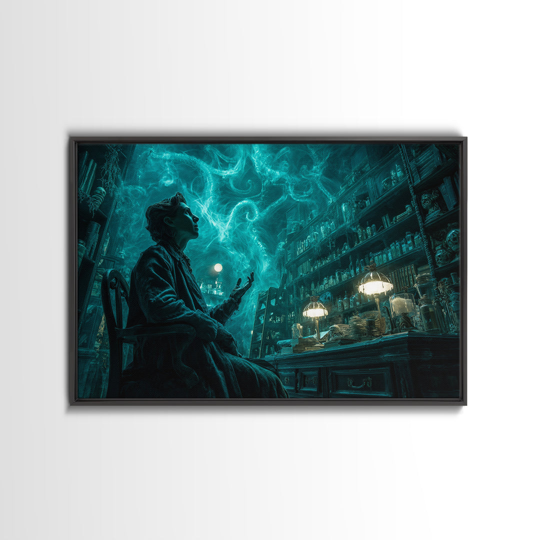 The Archivist Of Dreaming Bones, Landscape Wall Art, Spooky Home Decor, Framed Canvas Print, Halloween Wall Decor, Gothic Home Decor