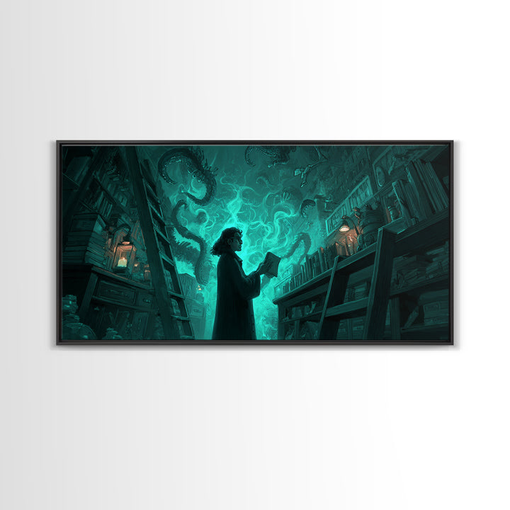 The Archivist Of Dreaming Bones, Wide Panoramic Art, Gothic Horror Wall Art, Framed Canvas Print, Halloween Wall Decor, Gothic Home Decor
