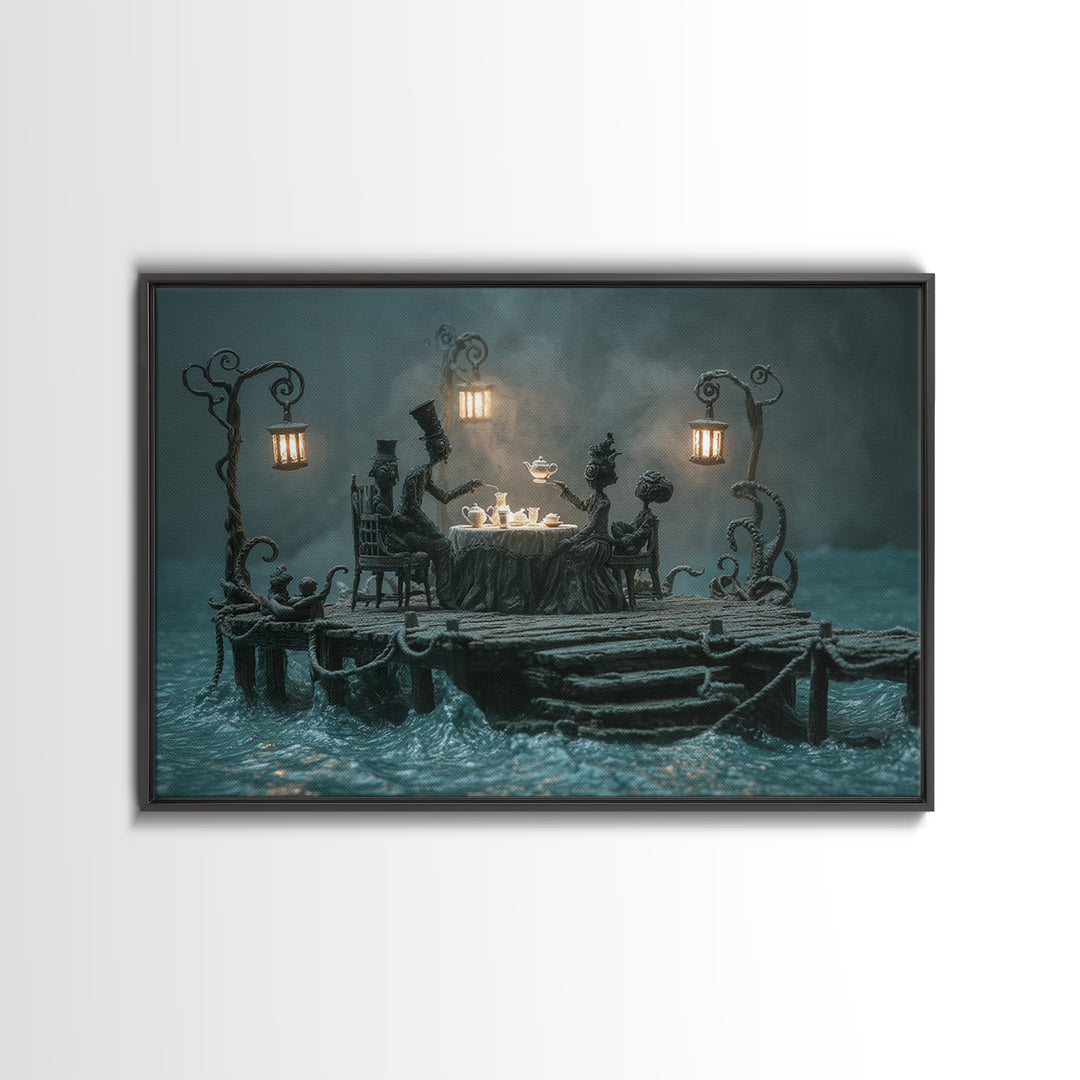The Tea Party At Innsmouth Pier, Landscape Wall Art, Spooky Home Decor, Framed Canvas Print, Halloween Wall Decor, Gothic Home Decor