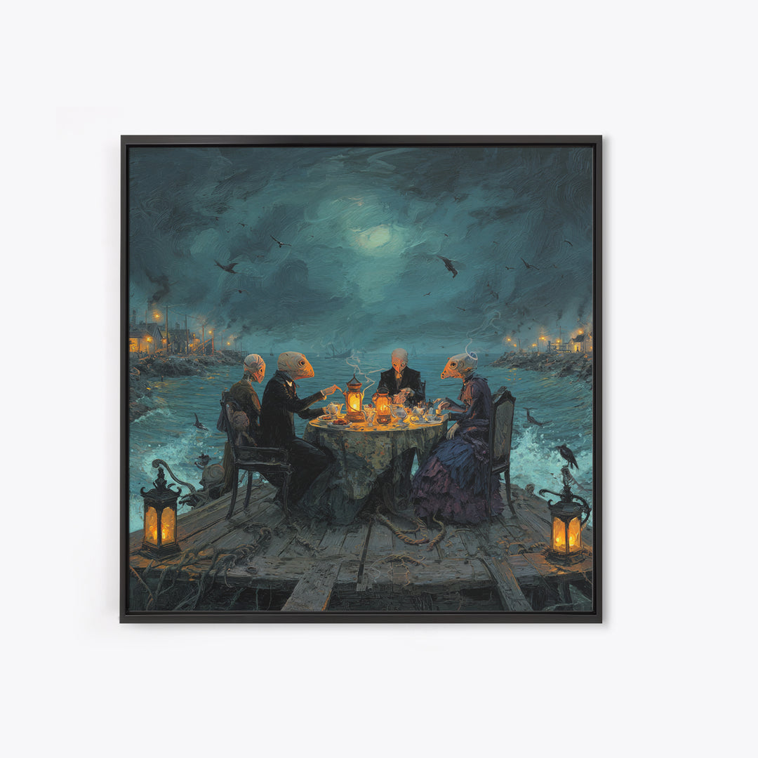The Tea Party At Innsmouth Pier, Square Wall Art, Lovecraftian Horror Art, Framed Canvas Print, Halloween Wall Decor, Gothic Home Decor