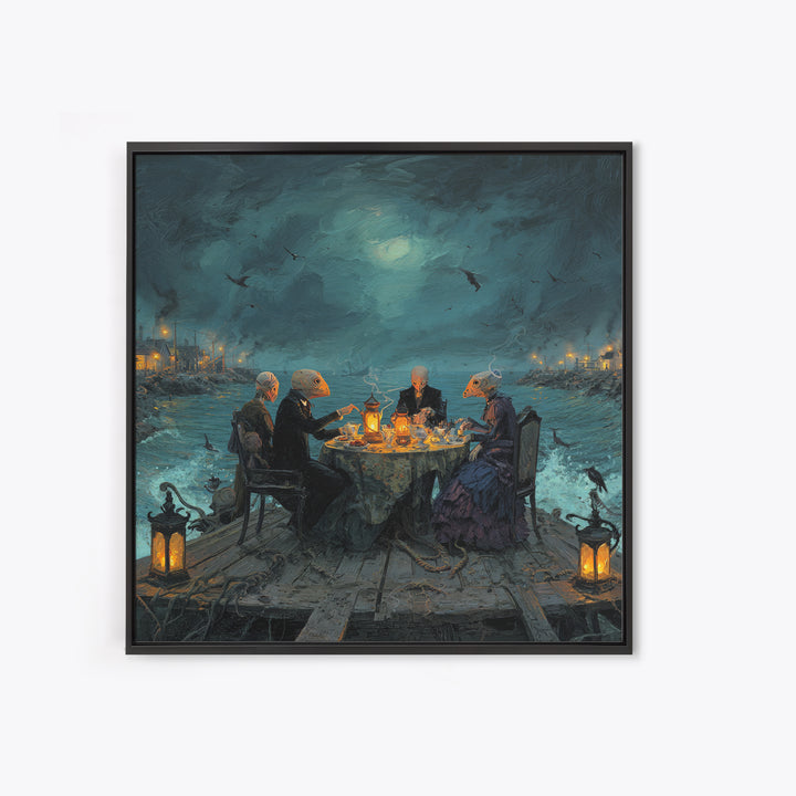 The Tea Party At Innsmouth Pier, Square Wall Art, Lovecraftian Horror Art, Framed Canvas Print, Halloween Wall Decor, Gothic Home Decor