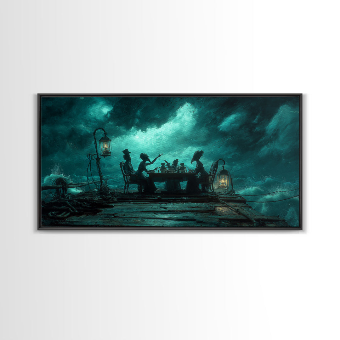 The Tea Party At Innsmouth Pier, Wide Panoramic Art, Haunted Gothic Art, Framed Canvas Print, Halloween Wall Decor, Gothic Home Decor