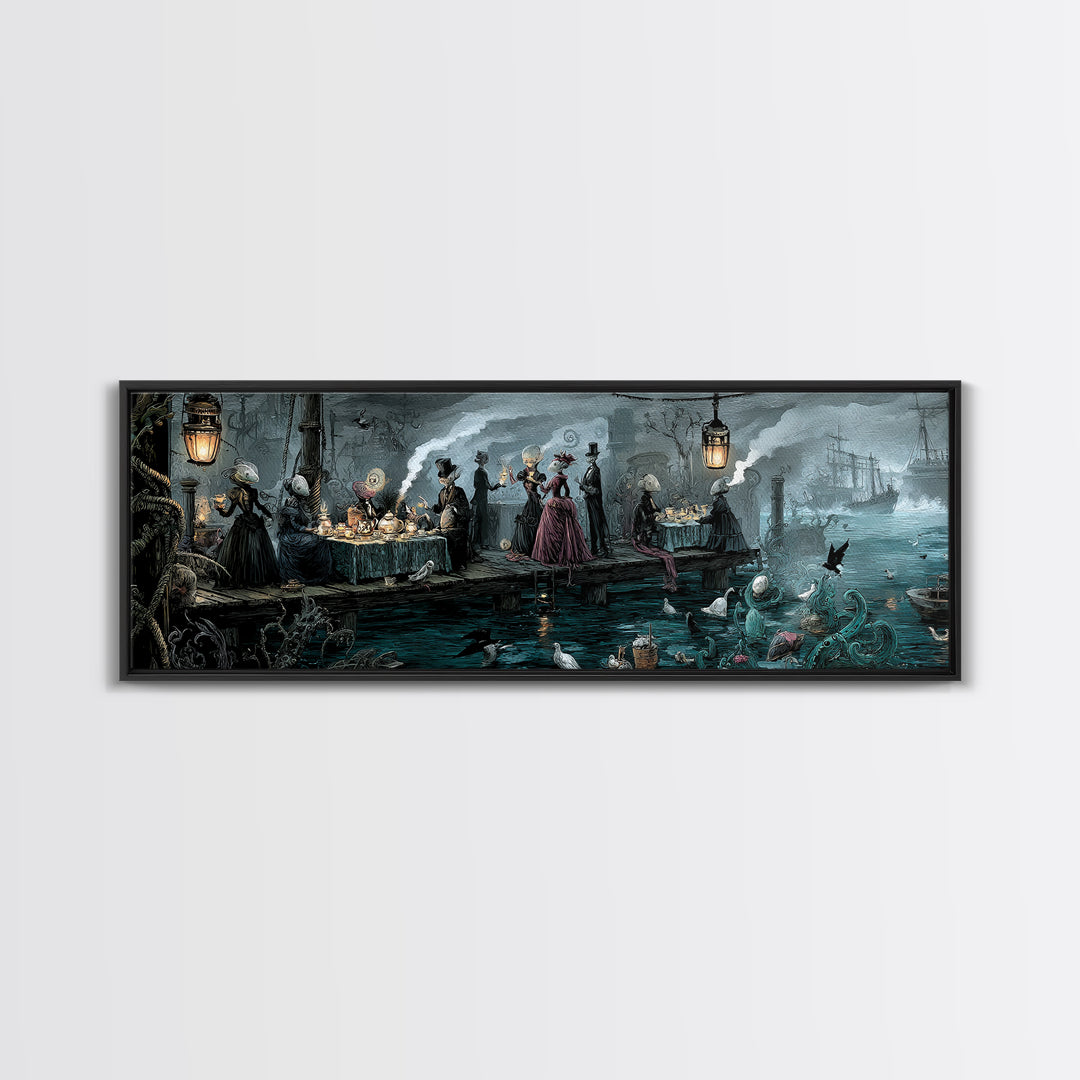 The Tea Party At Innsmouth Pier, Extra Wide Wall Art, Gothic Horror Wall Art, Framed Canvas Print, Halloween Wall Decor, Gothic Home Decor