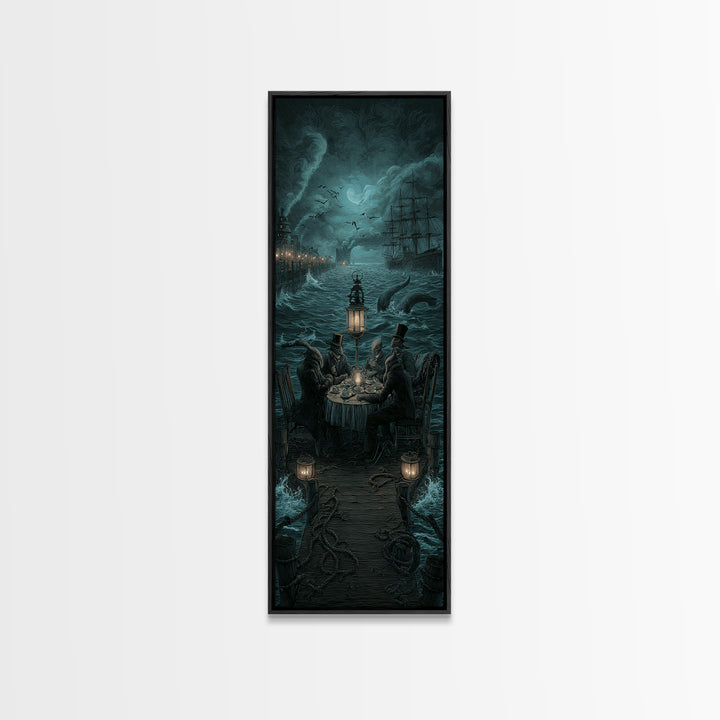 The Tea Party At Innsmouth Pier, Tall Narrow Wall Art, Dark Halloween Decor, Canvas Print, Halloween Wall Decor, Gothic Home Decor
