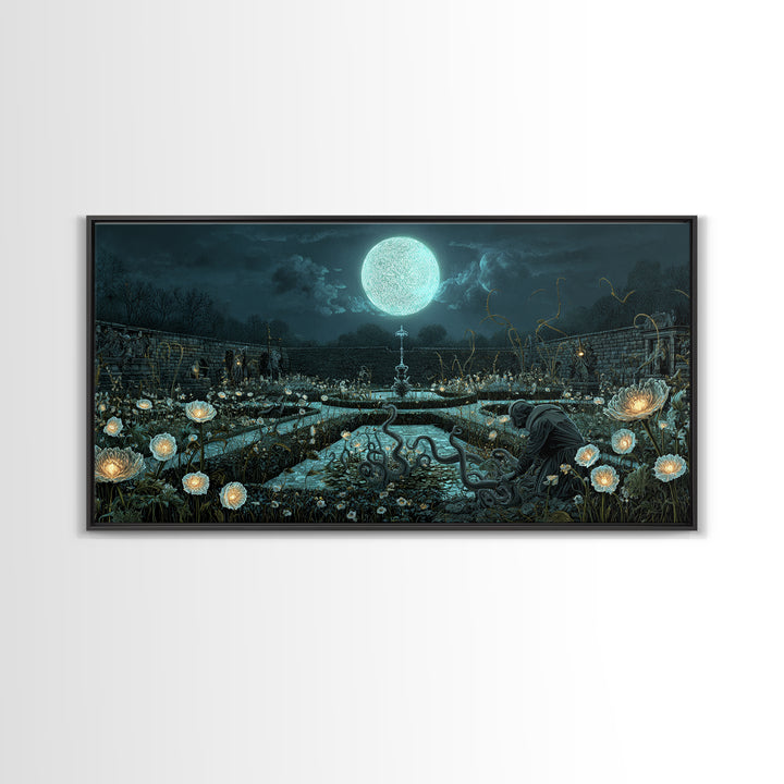 The Garden Of The Eyeless Moon, Wide Panoramic Art, Gothic Horror Wall Art, Canvas Print, Halloween Wall Decor, Gothic Home Decor